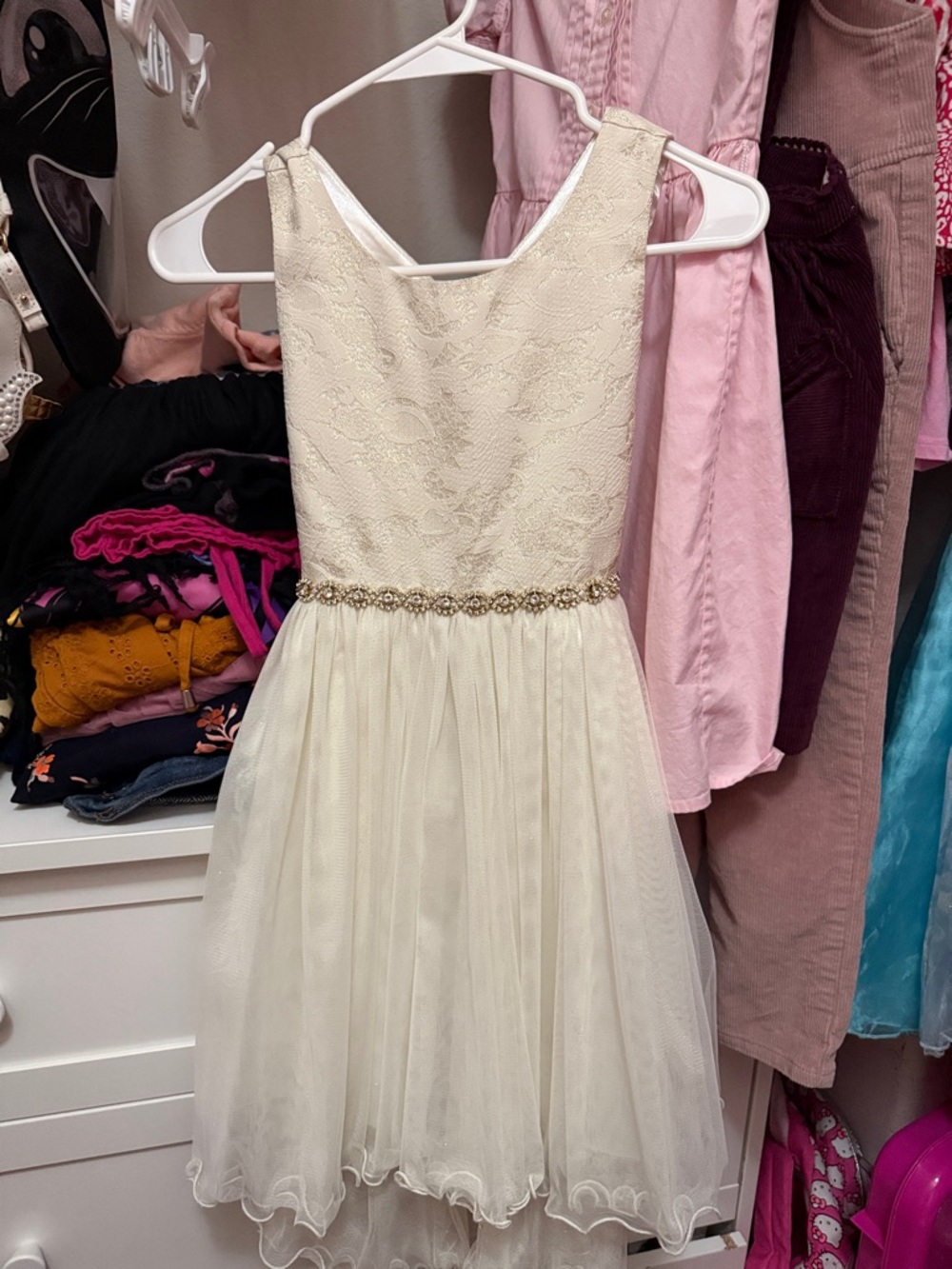 American Princess Ivory Lace & Tulle Dress with Gold Waist Trim
